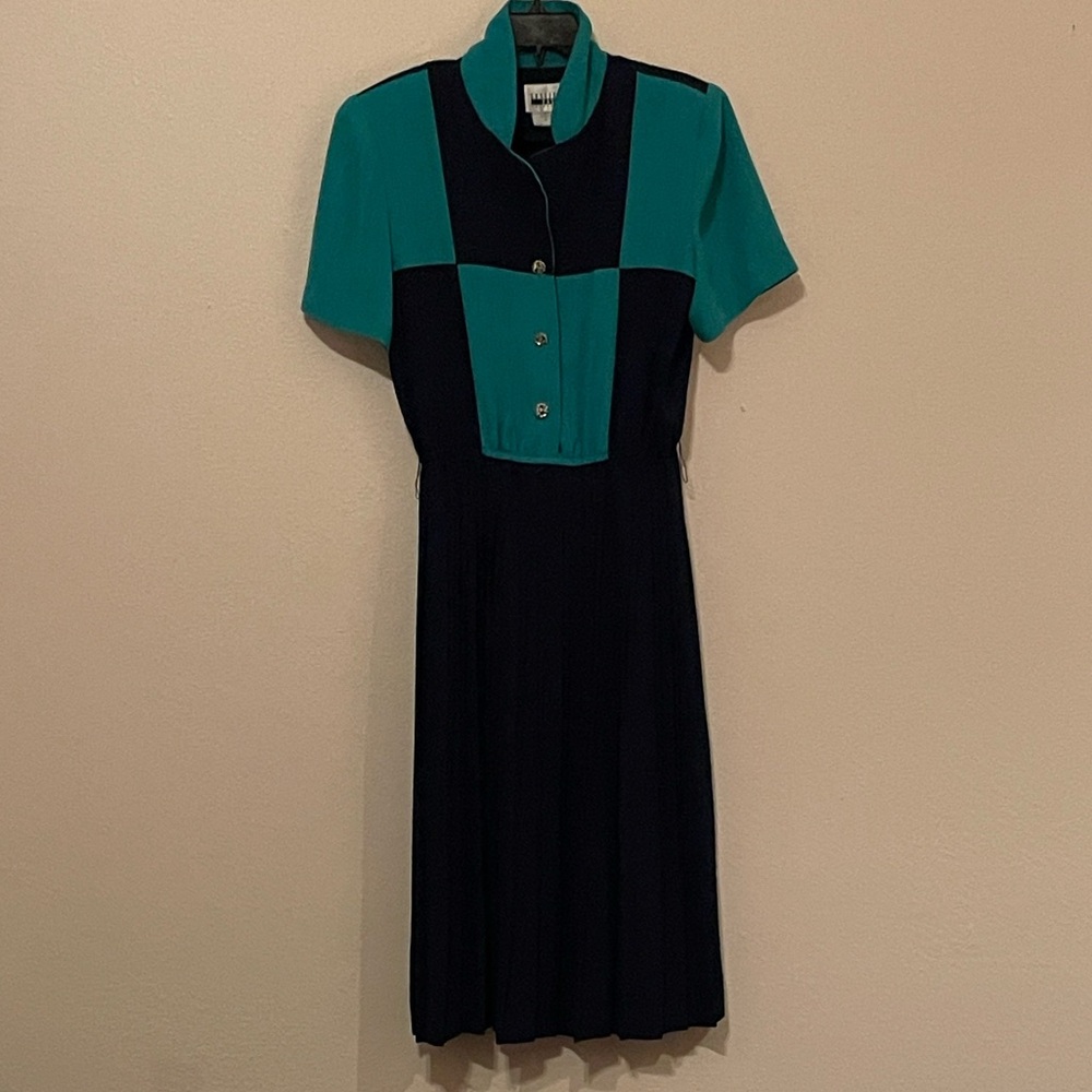By Leslie Fay, Teal and Blue. Pleated Midi Dress. 
Size 14